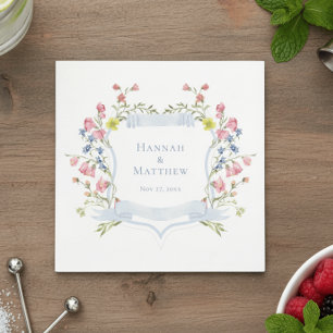 Elegant Dusty Blue Pastel Wildflower Crest Wedding Napkins