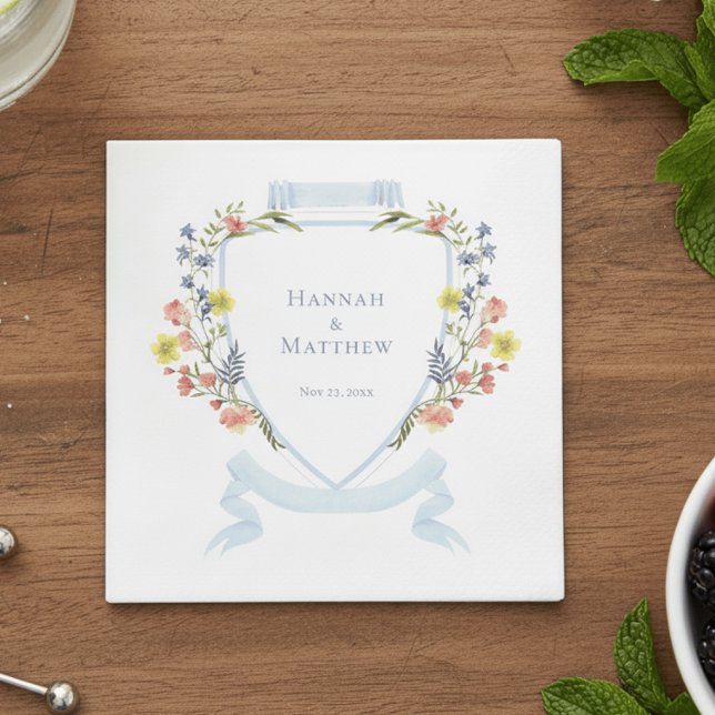 Elegant Dusty Blue Pastel Wildflower Crest Wedding Napkins (Creator Uploaded)