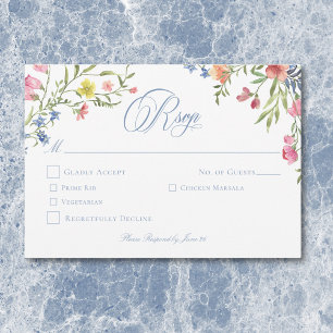 Elegant Dusty Blue Pastel Wildflower Crest Wedding RSVP Card