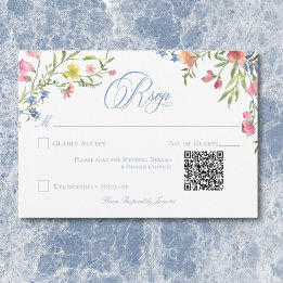Elegant Dusty Blue Pastel Wildflower Crest Wedding RSVP Card