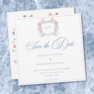 Elegant Dusty Blue Pastel Wildflower Crest Wedding Save The Date