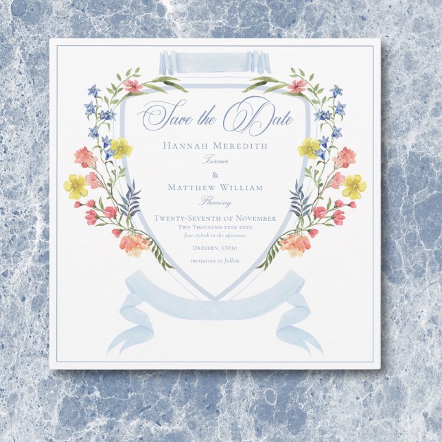 Elegant Dusty Blue Pastel Wildflower Crest Wedding Save The Date (Elegant Dusty Blue Pastel Wildflower Crest Wedding Save The Date)