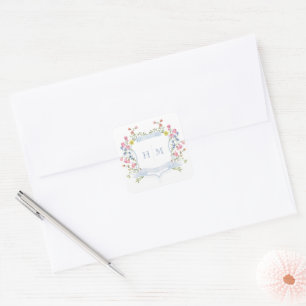 Elegant Dusty Blue Pastel Wildflower Crest Wedding Square Sticker