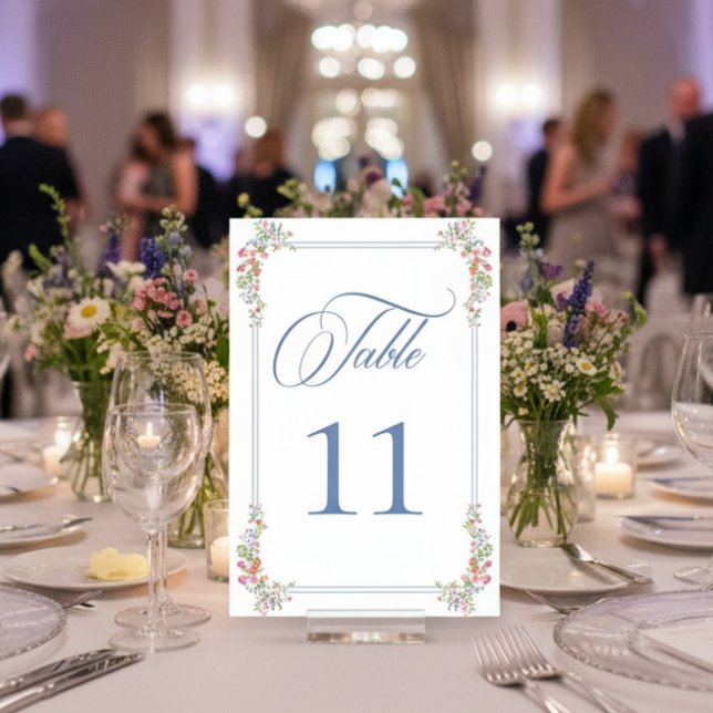 Elegant Dusty Blue Pastel Wildflower Crest Wedding Table Number (Creator Uploaded)