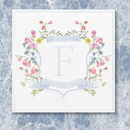 Elegant Dusty Blue Pastel Wildflower Crest Wedding Thank You Card