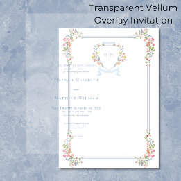 Elegant Dusty Blue Pastel Wildflower Crest Wedding Vellum Invitations