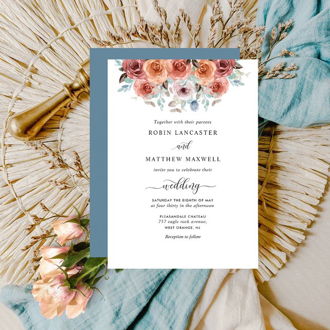 Elegant Dusty Blue, Peach and Blush Floral Wedding Invitation (Creator Uploaded)