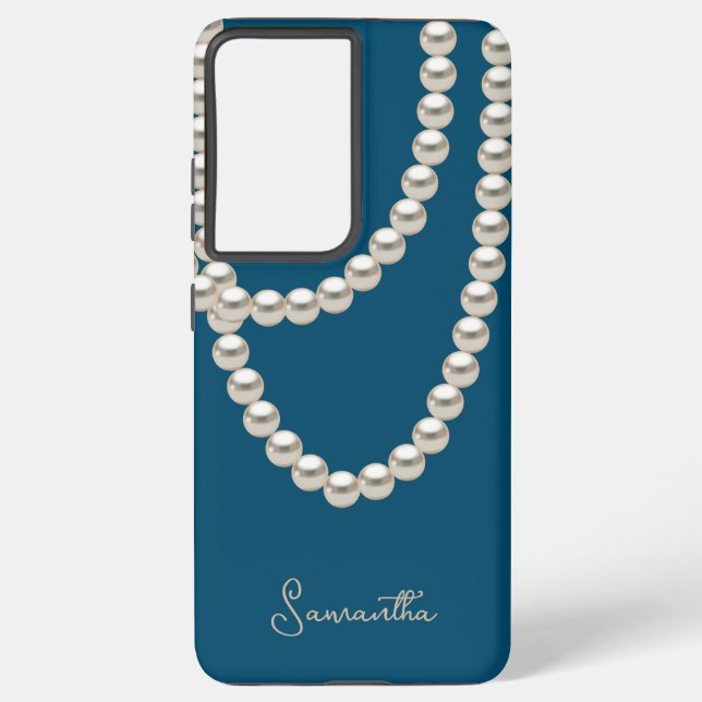 Elegant dusty blue Pearl necklace Samsung Galaxy Case (Back)