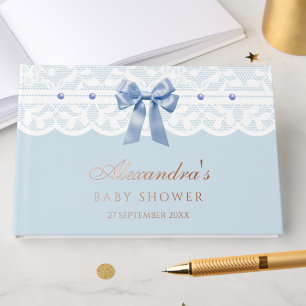 Elegant Dusty Blue Pearls Bow Lace Baby Shower Foil Guest Book