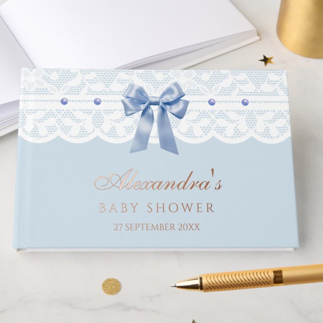 Elegant Dusty Blue Pearls Bow Lace Baby Shower Foil Guest Book (Creator Uploaded)