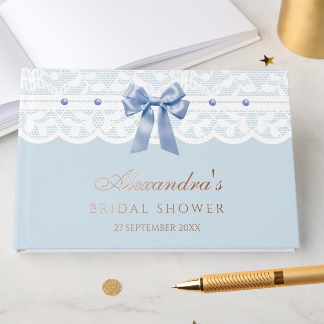 Elegant Dusty Blue Pearls Bow Lace Bridal Shower Foil Guest Book (Creator Uploaded)