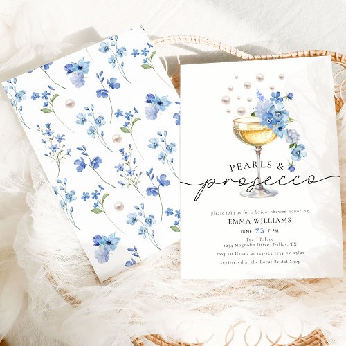 Elegant Dusty Blue Pearls  Prosecco Bridal Shower Invitation