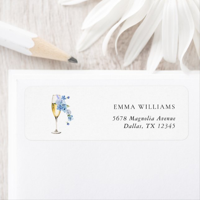 Elegant Dusty Blue Pearls & Prosecco Bridal Shower Label (Insitu)