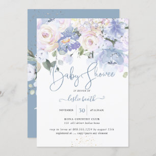 Elegant Dusty Blue Peonies Cream Roses Baby Shower Invitation