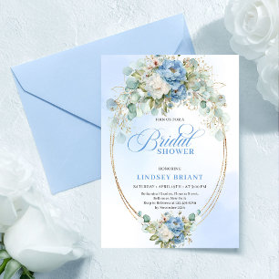 Elegant Dusty Blue Peonies Eucalyptus Gold Bridal Invitation