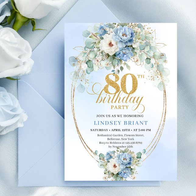 Elegant Dusty Blue Peonies Gold Boho 80th Birthday Invitation (Elegant Dusty Blue Peonies Boho 80th Birthday Invite)