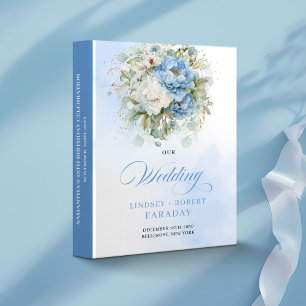 Elegant Dusty Blue Peonies Gold Wedding Memory  3 Ring Binder