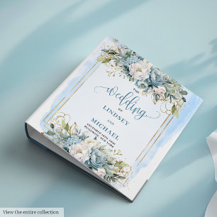 Elegant Dusty Blue Peony Floral Gold Frame Wedding 3 Ring Binder