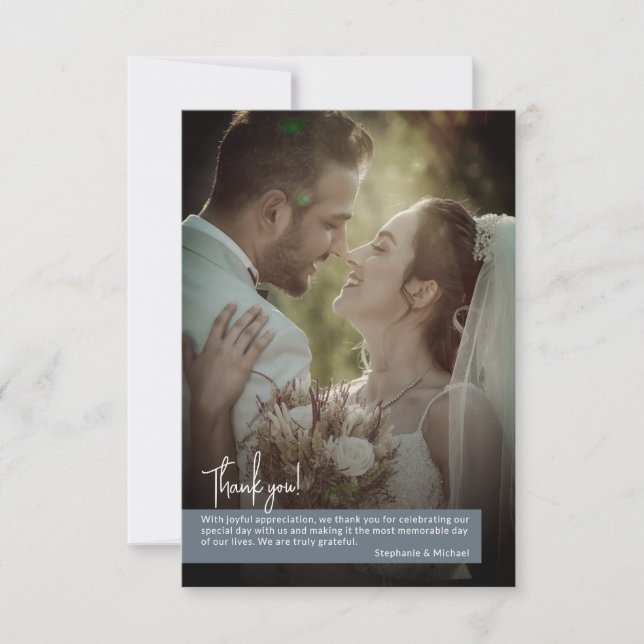 Elegant Dusty Blue Photo Banner Wedding Thank You Card (Front)