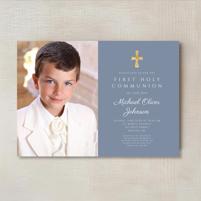 Elegant Dusty Blue Photo Boy First Communion Invitation (Elegant Dusty Blue Photo Boy First Communion Invitation)