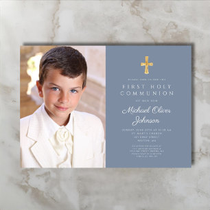 Elegant Dusty Blue Photo Boy First Communion Invitation