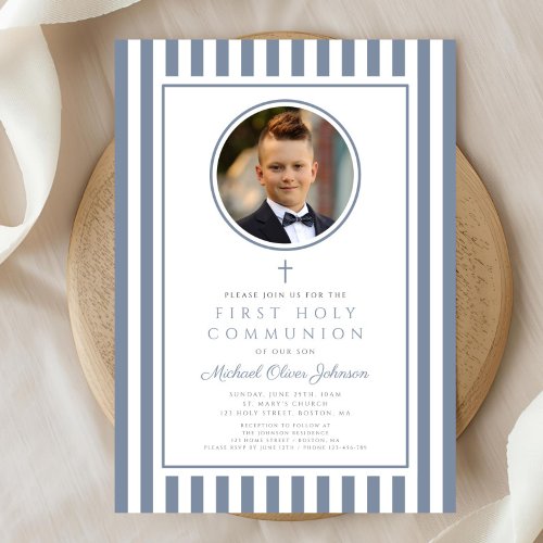 Elegant Dusty Blue Photo Boy First Communion