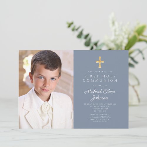 Elegant Dusty Blue Photo Boy First Communion Invitation