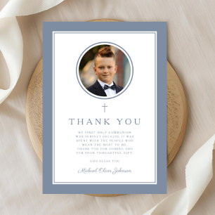 Elegant Dusty Blue Photo Boy First Communion Thank You Card