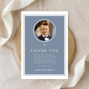 Elegant Dusty Blue Photo Boy First Communion Thank You Card
