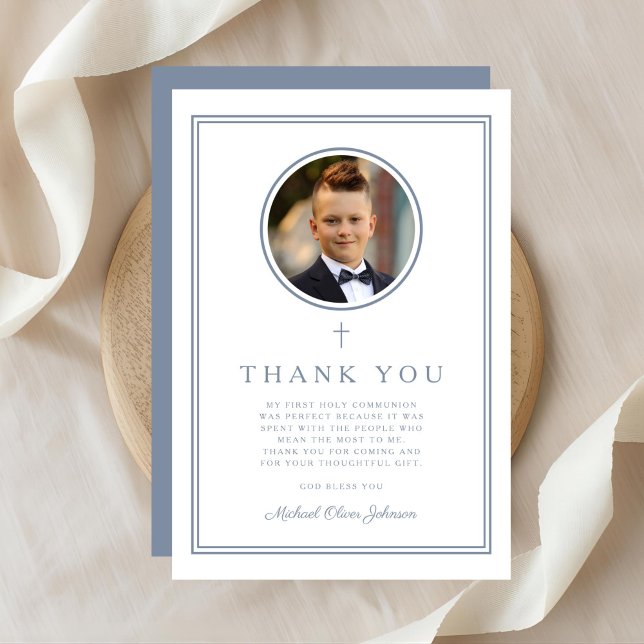 Elegant Dusty Blue Photo Boy First Holy Communion Thank You Card (Elegant Dusty Blue Photo Boy First Holy Communion Thank You Card)