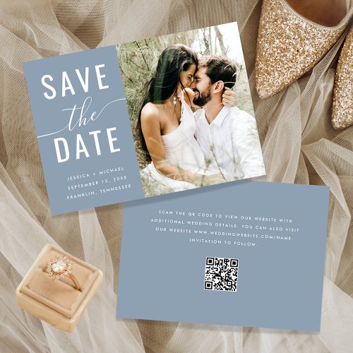 Elegant Dusty Blue Photo Typography Qr Code Script Save The Date