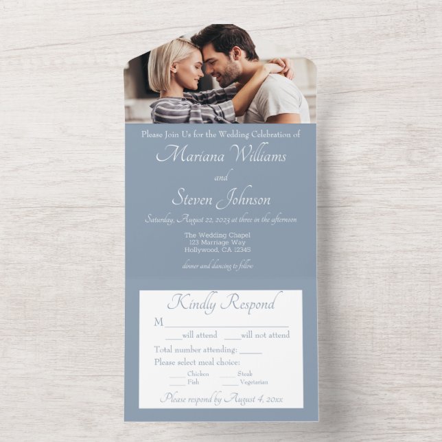 Elegant Dusty Blue Photo Wedding Invitation (Inside)