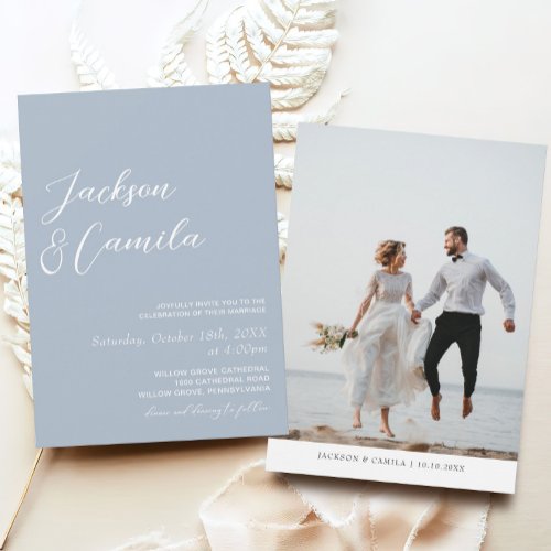 Elegant Dusty Blue Photo Wedding  Invitation