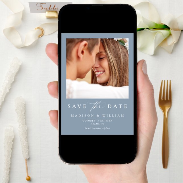 Elegant Dusty Blue Photo Wedding Save The Date (Front Digital)