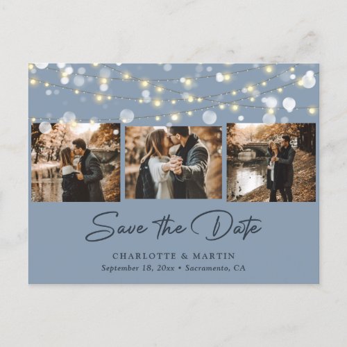 Elegant Dusty Blue Photo Wedding Save The Date Announcement Postcard