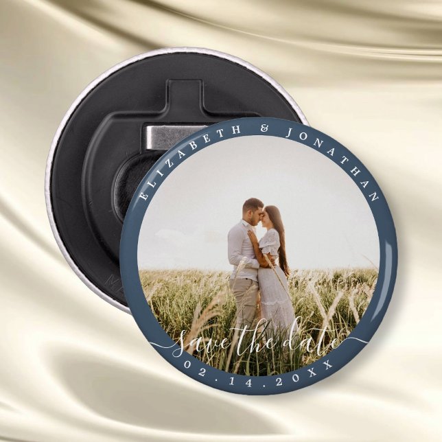 Elegant Dusty Blue Photo Wedding Save The Date Bottle Opener (Creator Uploaded)