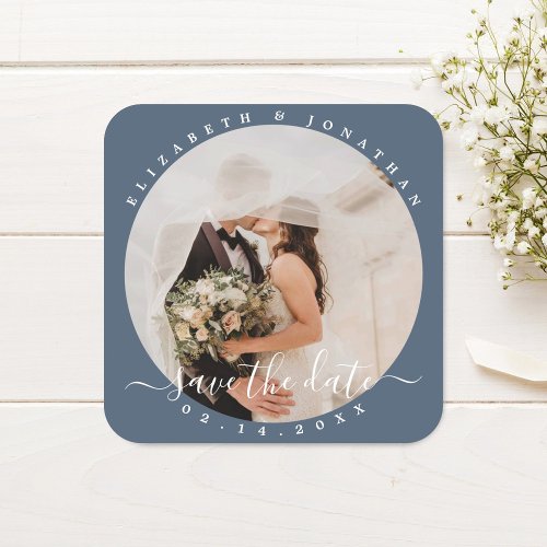 Elegant Dusty Blue Photo Wedding Save The Date Square Sticker