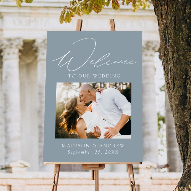 Elegant Dusty Blue Photo Wedding Welcome Sign (Creator Uploaded)