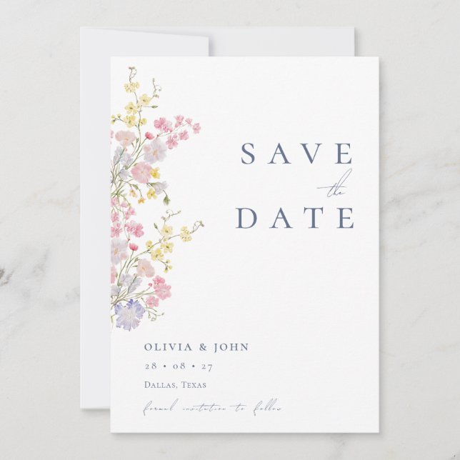 Elegant Dusty Blue Photo Wildflowers Wedding Save The Date (Front)