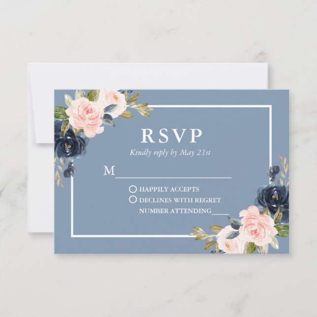 Elegant Dusty Blue Pink Blush Floral Wedding RSVP (Front)