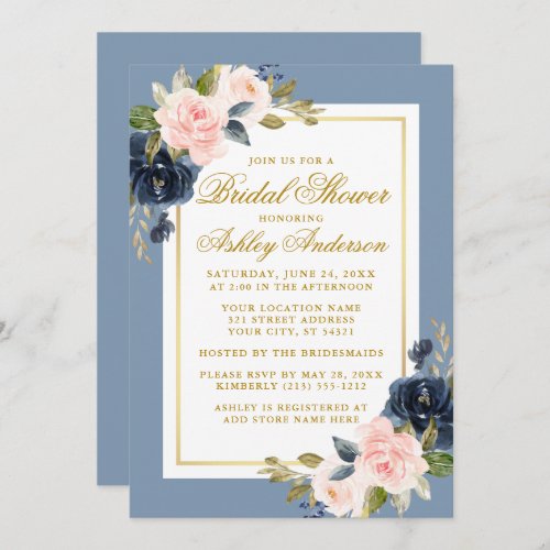 Elegant Dusty Blue Pink Floral Bridal Shower Gold Invitation