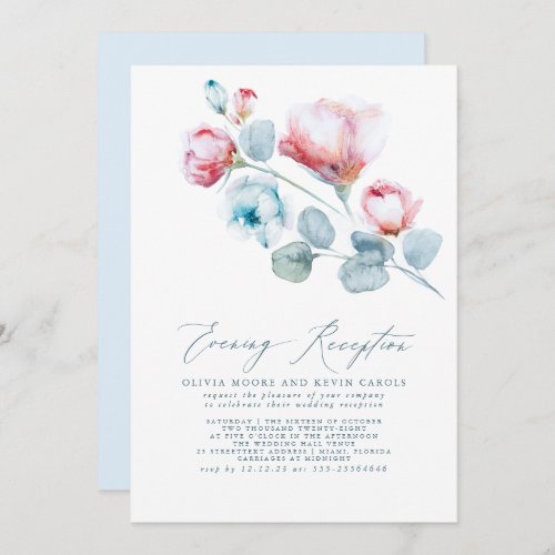 Elegant Dusty Blue Pink Floral Evening Reception Invitation