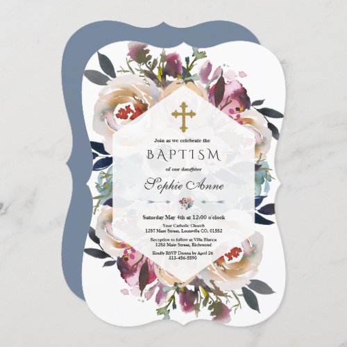 Elegant Dusty Blue Pink Floral Geometric Baptism Invitation