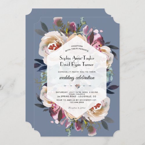 Elegant Dusty Blue Pink Floral Geometric Wedding Invitation