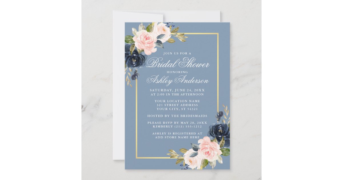 Elegant Dusty Blue Pink Floral Gold Bridal Shower Invitation | Zazzle