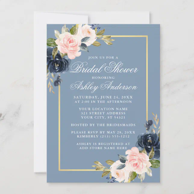 Elegant Dusty Blue Pink Floral Gold Bridal Shower Invitation | Zazzle