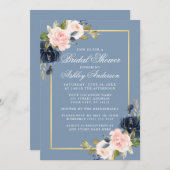 Elegant Dusty Blue Pink Floral Gold Bridal Shower Invitation (Front/Back)