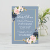 Elegant Dusty Blue Pink Floral Gold Bridal Shower Invitation (Standing Front)