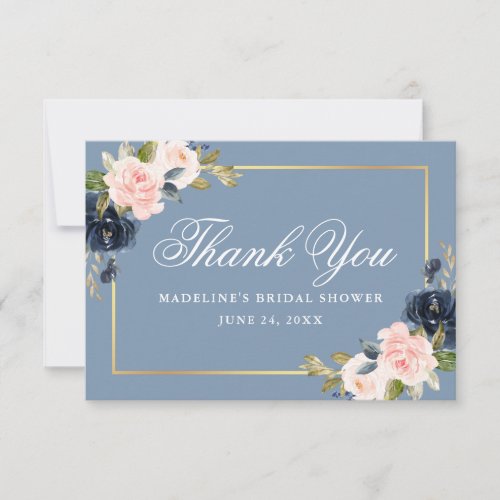 Elegant Dusty Blue Pink Floral Gold Bridal Shower Thank You Card