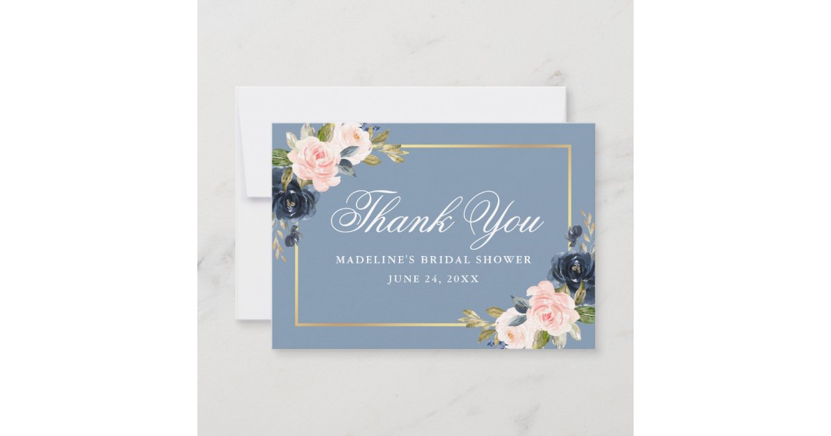 Elegant Dusty Blue Pink Floral Gold Bridal Shower Thank You Card | Zazzle